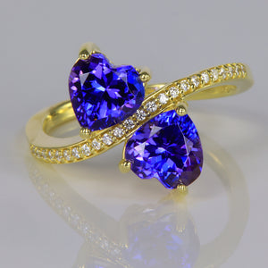 Tanzanite Double heart Ring with Fine Natural Diamonds in 14kt. Yellow Gold