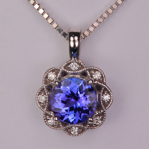 14K White Gold Round Brilliant Tanzanite And Diamond Pendant