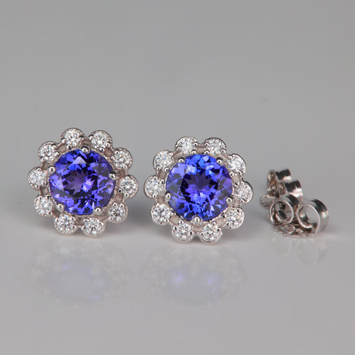 round brilliant tanzanite gem stud earrings with diamonds