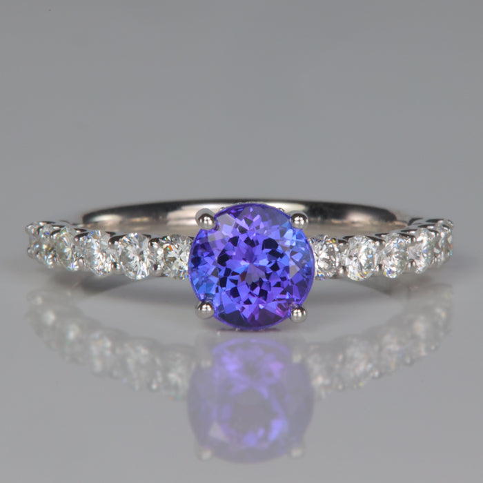 white gold ring with round brilliant tanzanite gemstone and diamonds