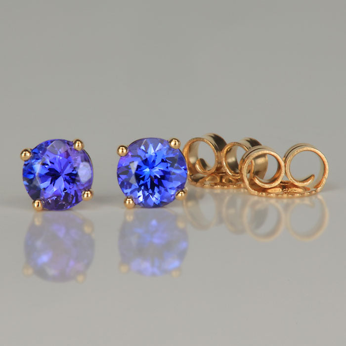 yellow gold round brilliant tanzanite gem earrings