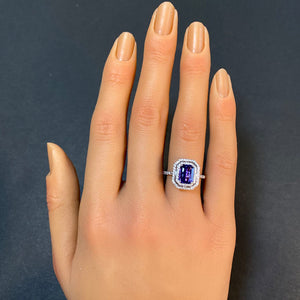 tanzanite and diamond ring emerald cut double halo