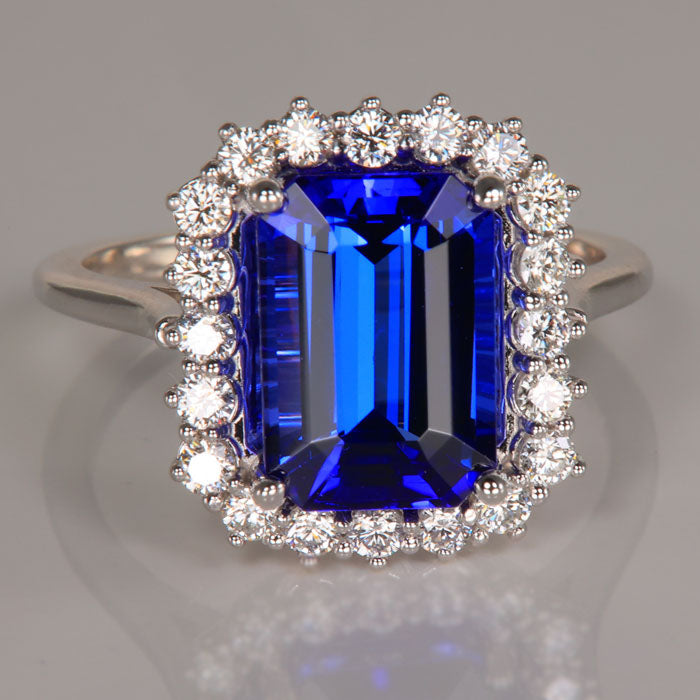 14K White Gold Emerald Cut Tanzanite and Diamond Ring 4.23 Carats