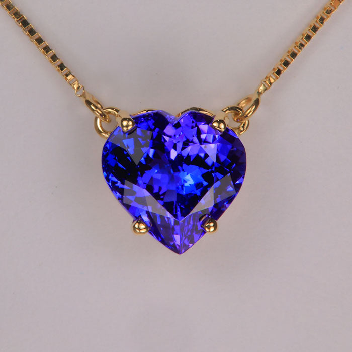 heart shape brilliant cut tanzanite necklace in yellow gold