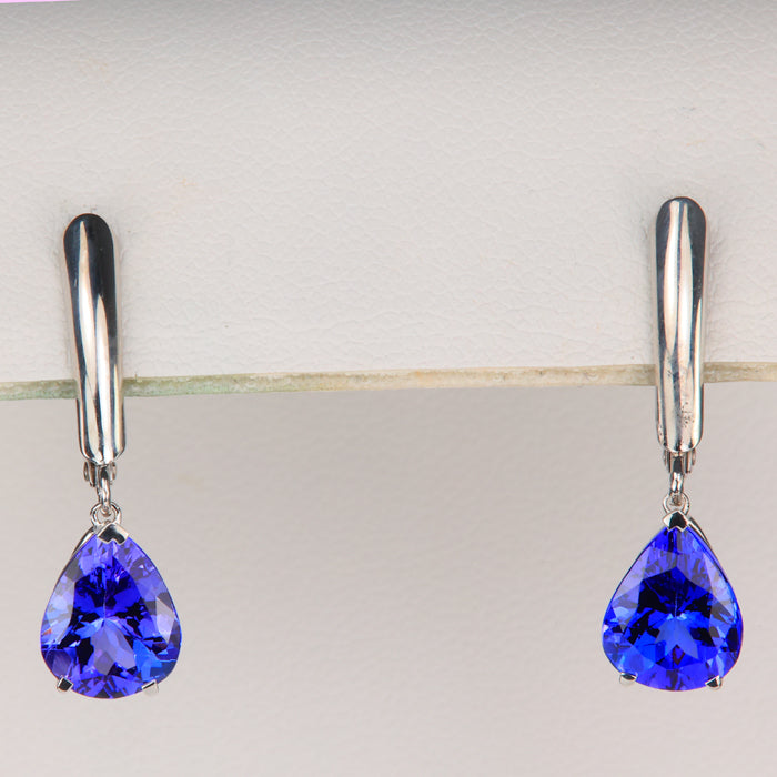 lever back tanzanite earrings in white gold pear shape