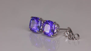 14K White Gold Square Cushion Cut Tanzanite Stud Earrings 3.03cts