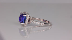 14K White Gold Square Cushion Tanzanite and Diamond Halo Ring 3.77cts