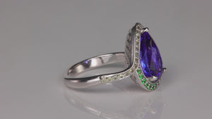 14k White Gold Pear Shape Tanzanite, Tsavorite and Demantoid Ring  3.73 Carats