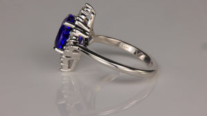 14K White Gold Oval 3.46 Carat Tanzanite and Diamond Ring