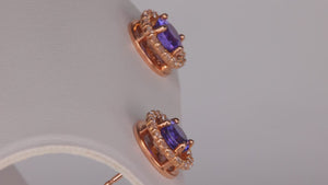 14K Rose Gold Tanzanite and Diamond Halo Earrings 1.78 Carats