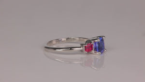 14K White Gold Square Cushion Tanzanite and Ruby Ring 1.11cts