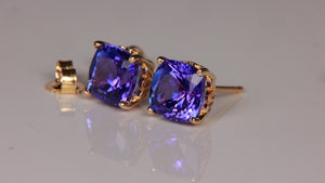 14K Yellow Gold Square Cushion Tanzanite Studs 3.00 Carats