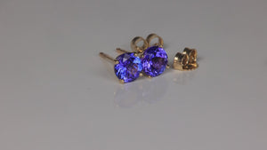 14K Yellow Gold Round Brilliant Tanzanite Stud Earrings 1.10 Carats