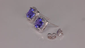 14K White Gold Square Cushion Tanzanite And Diamond Halo Earrings 2.31cts