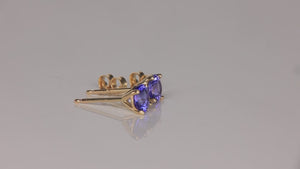 14K Yellow Gold Round Brilliant Mostly Blue Tanzanite Studs 1.02cts