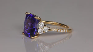 14K Yellow Gold Antique Cushion 6.16ct Tanzanite and Diamond Ring