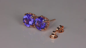 14K Yellow Gold Round Brilliant Cut Tanzanite Studs 2.90 Carats