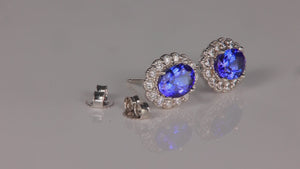 14K White Gold Oval Tanzanite and Diamond Halo Earrings 1.83 Carats