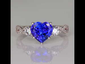 14K White Gold Heart Shape Tanzanite and Diamond Ring 2.29 Carats