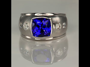 White Gold Square Cushion Tanzanite with Four Diamonds 5.22cts