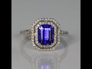 14K White Gold Emerald Cut Tanzanite and Diamond Ring 2.05 Carats