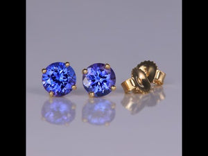 14K Yellow Gold Round Brilliant Tanzanite Stud Earrings 1.40 Carats