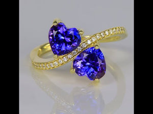 Tanzanite Double heart Ring with Fine Natural Diamonds in 14kt. Yellow Gold