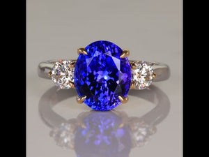 14K White and Yellow Gold Oval Tanzanite Ring with Diamonds 4.65 Carats
