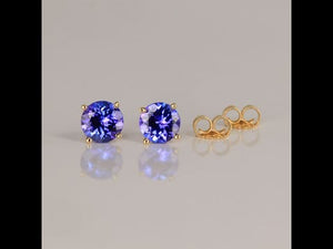 14K Yellow Gold Round Brilliant Tanzanite Studs 1.80 Carats