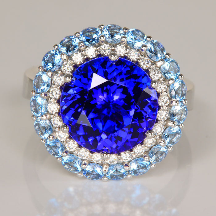 tanzanite and aquamarine ring with diamonds in white gold