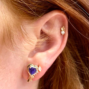 heart shape tanzanite earrings with diamonds in yellow gold
