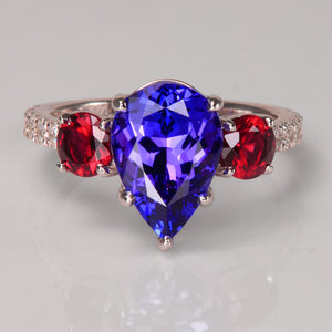 tanzanite and pyrope garnet ring with diamonds in white gold
