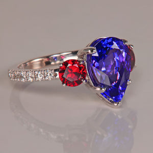 tanzanite and pyrope garnet ring with diamonds in white gold