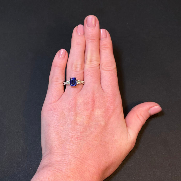 emerald cut tanzanite and diamond ring white gold