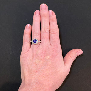 round brilliant tanzanite ring halo white gold diamonds