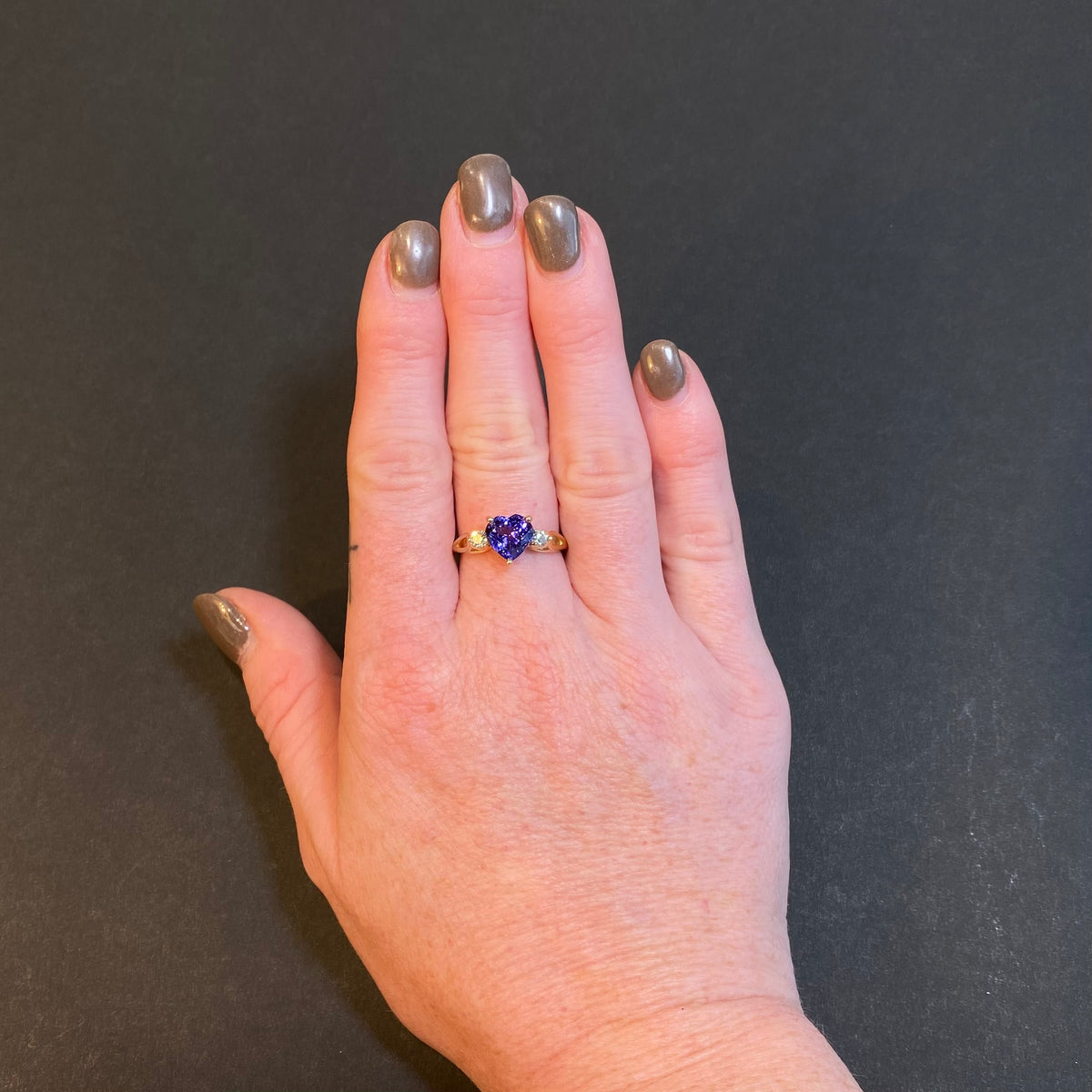 yellow gold heart shaped tanzanite and diamond ring