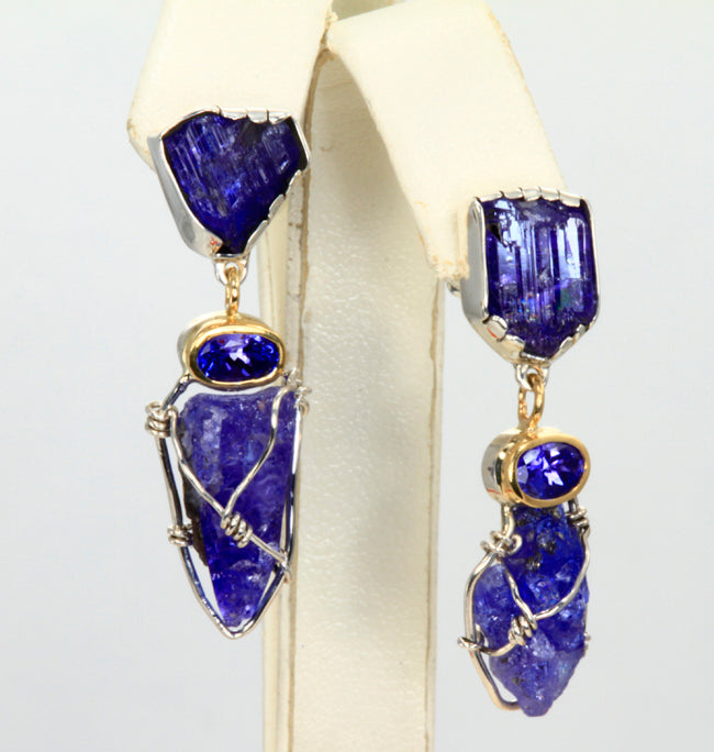 Artistic Natural Crystal and Faceted Tanzanite Earrings
