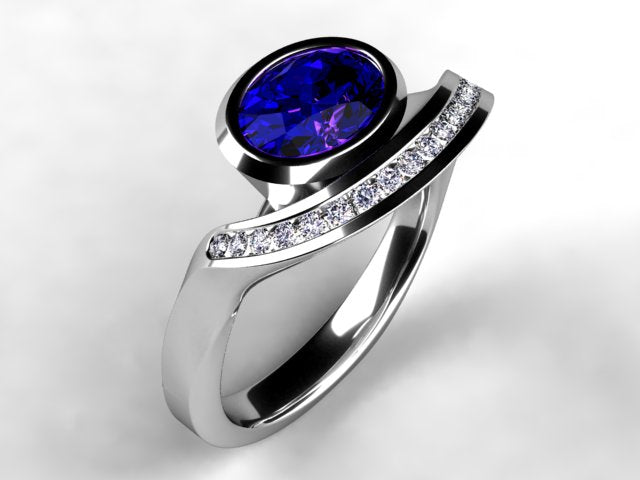 Oval Bluish Violet Vivid Color Tanzanite and Diamond Ring