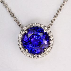 Platinum Round Tanzanite and Diamond Halo Pendant with Chain