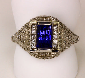 Antique Highly Detailed Ring with Emerald Cut Tanzanite