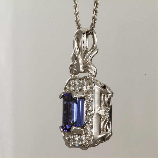 14K White Gold Emerald Cut Tanzanite Pendant with Diamonds 1.98 Carats