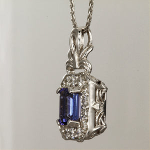 14K White Gold Emerald Cut Tanzanite Pendant with Diamonds 1.98 Carats