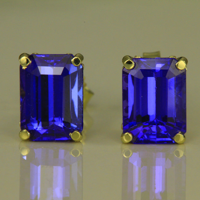 Tanzanite Emerald Cut Earrings in Yellow Gold