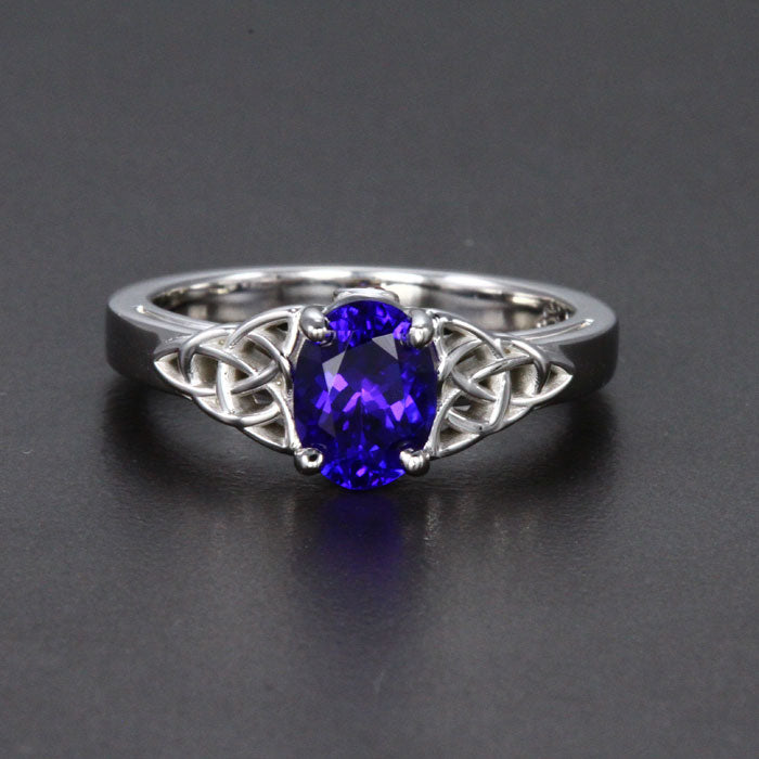 14K White Gold Oval Tanzanite and Ruby Accent Celtic Ring 1.39 Carats