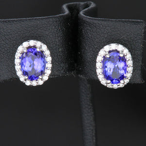 14k White Gold Oval Tanzanite and Diamond Halo Earrings 1.91 Carats