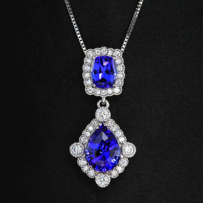 14k White Gold  Double Tanzanite and Diamond Pendant 6.82 Carats