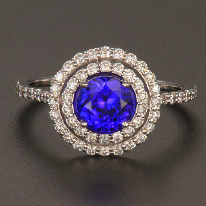 14K White Gold Round Tanzanite with Double Halo of Diamonds 1.01 Carats