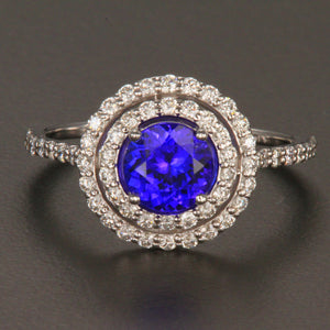 14K White Gold Round Tanzanite with Double Halo of Diamonds 1.01 Carats
