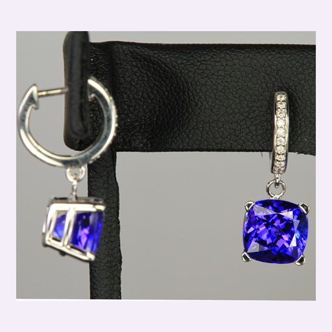 14k White Gold Square Cushion Tanzanite and Diamond Earrings 6.40 Carats