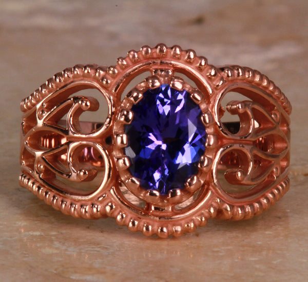 Rose Gold Tanzanite Ring 1.35 Carat Blue Violet Vivid Color